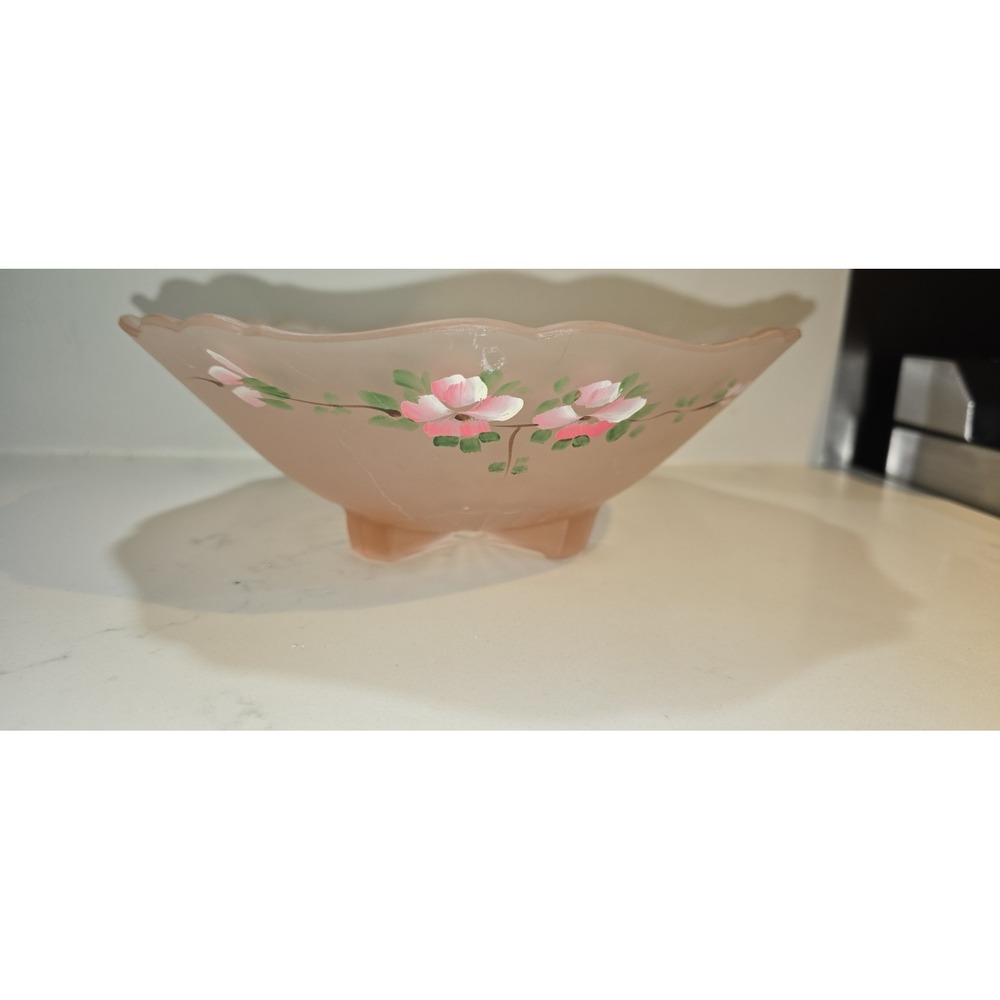 Vintage Lancaster Glass "Carol Pink" Frosted 3-Footed Bowl Hand Painted Floral